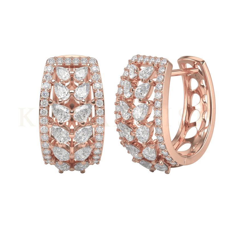 Front view and slanting view of Clasping Charisma Diamond Huggies in rose gold.
