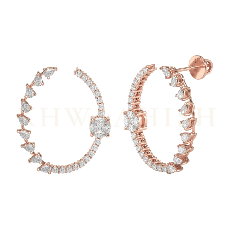 Front view and slanting view of Blazing Bright Diamond Hoops in rose gold.