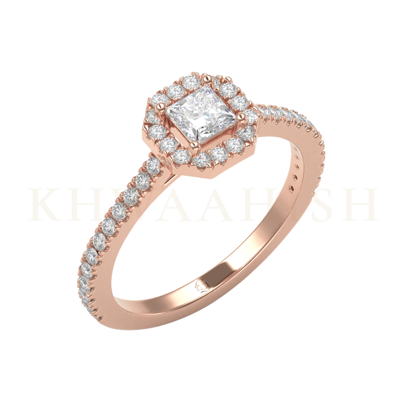 Slanting view of 0.30 ct Starry Splendour Princess Cut Solitaire Diamond Ring in rose gold.