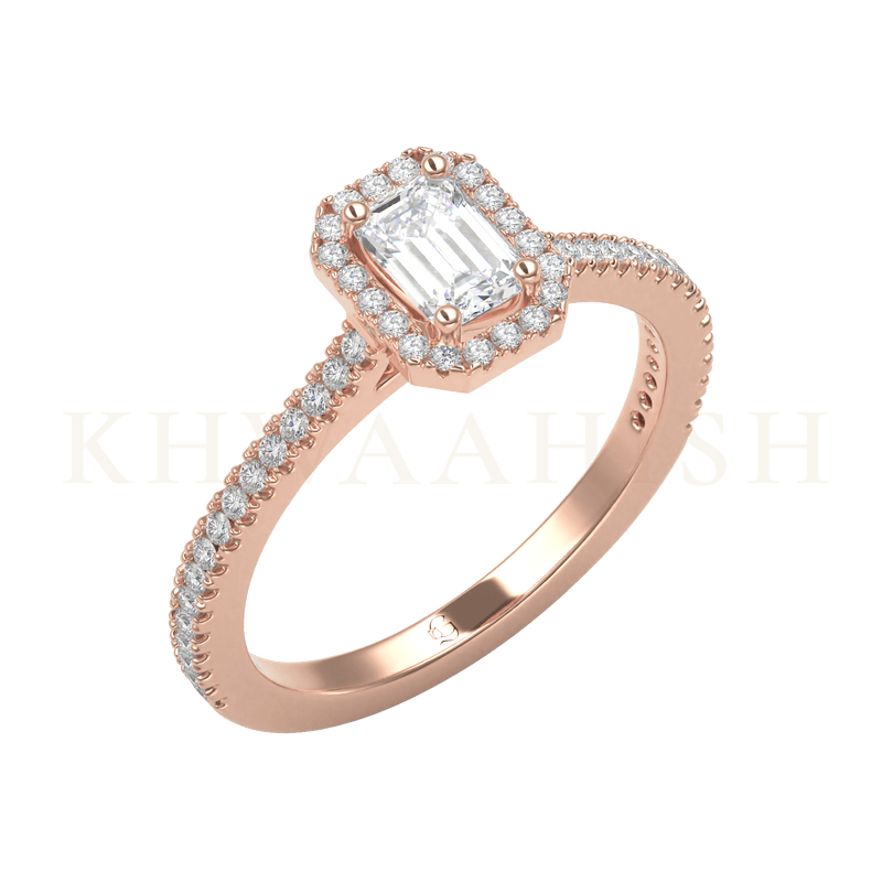Slanting view of 0.50 ct Luxuriant Lustre Emerald Cut Solitaire Diamond Ring  in rose gold.