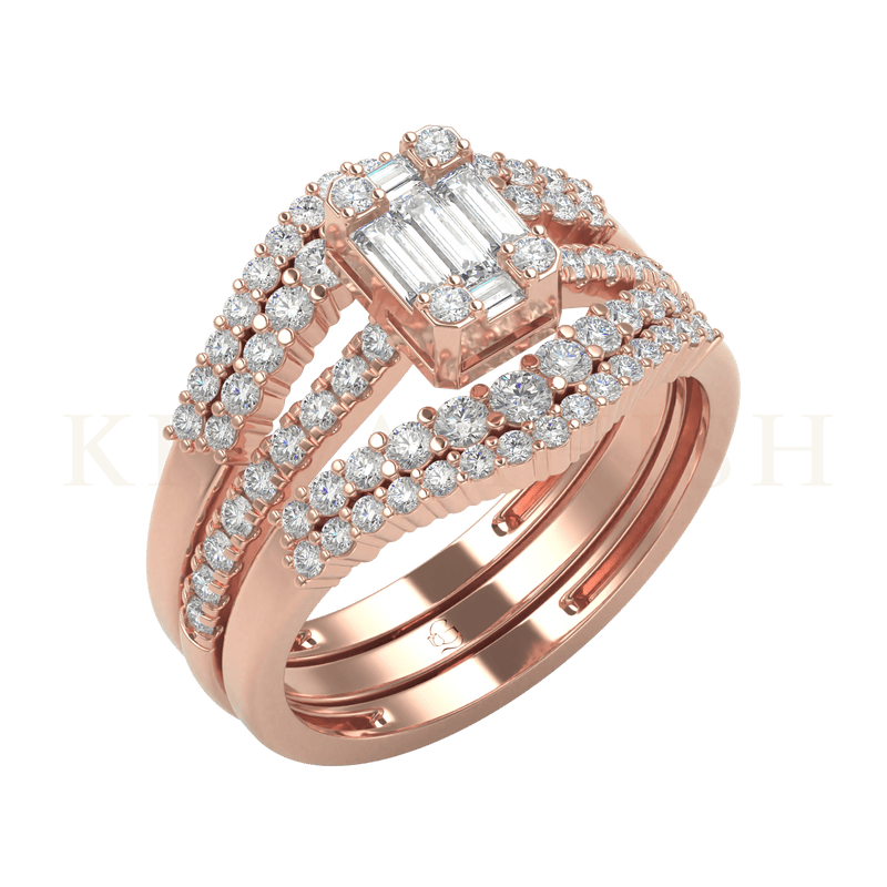 Slanting top view of Blazing Bright Diamond Jacket Ring in rose gold.