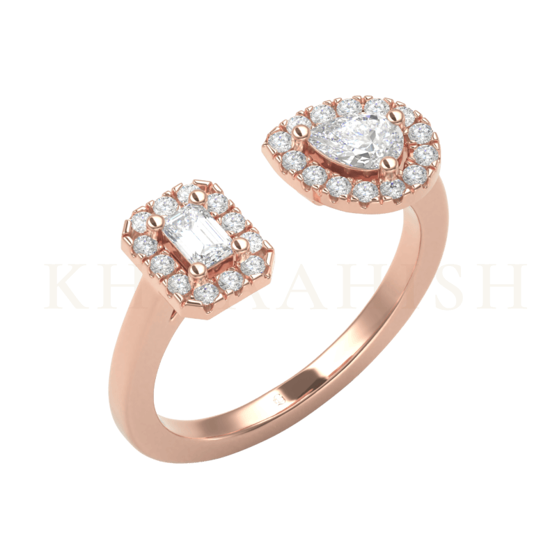 Slanting view of Ethereal Glitter Diamond Cuff Ring  in rose gold.