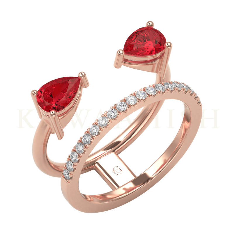 Slanting view of Lush Red Diamond Cuff Ring  in rose gold.