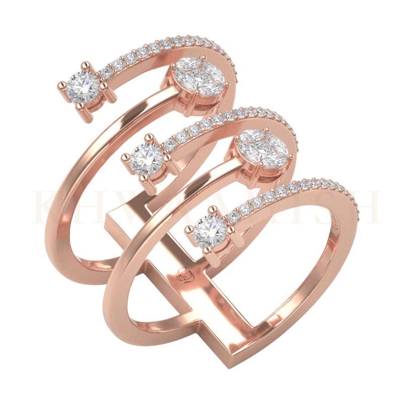 Slanting view of Enchanting Diamond Cuff Ring in rose gold.