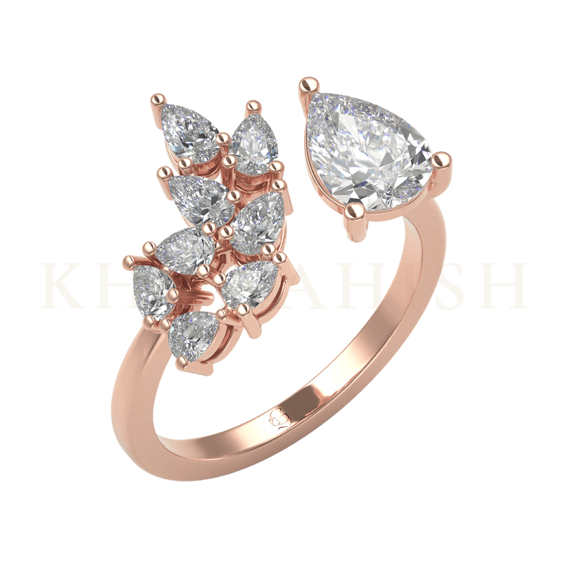 Slanting view of Ornate Shine Diamond Cuff Ring in rose gold.