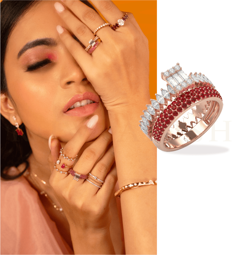 The banner image of a modern woman poses with trendy rings studded with diamonds and colorful gemstones from the Gulz collection of Khwaahish.