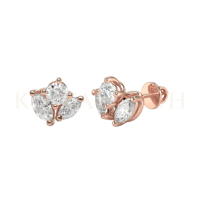 Front view and slanting view of Desireful Radiance Diamond Stud Earrings in rose gold.