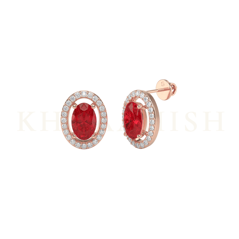Front view and slanting view of Cheerful Radiance Diamond Stud Earrings in rose gold.