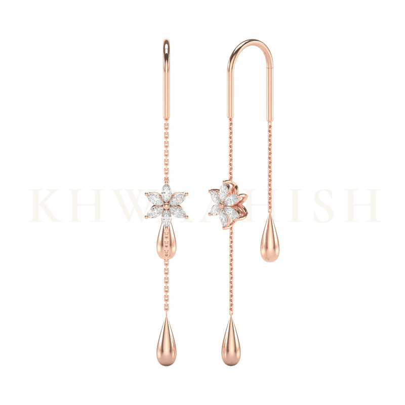 Front view and slanting view of Charming Allure Diamond Sui Dhaga Earrings in rose gold.