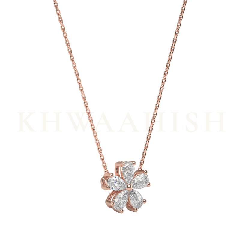 Slanting view of Dreamy Floral Single Line Diamond Necklace in rose gold.