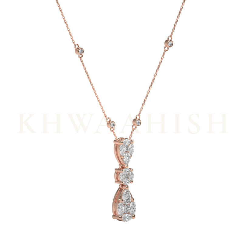 Slanting view of Scintillating Lustre Single Line Diamond Necklace in rose gold.