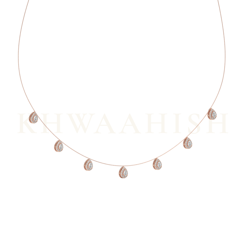 Slanting view of Drops of Fantasy Single Line Diamond Necklace in rose gold.