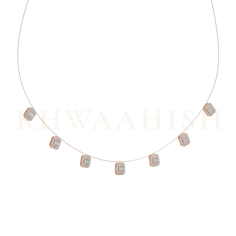 Slanting view of Soulful Symmetry Single Line Diamond Necklace in rose gold.