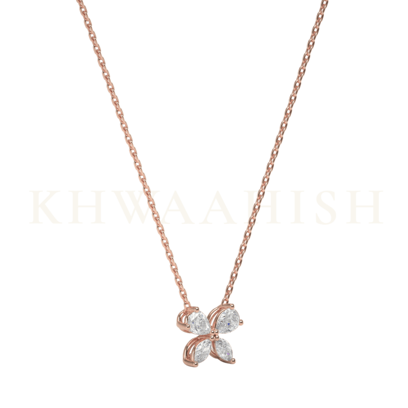 Slanting view of Petite Floral Single Line Diamond Necklace in rose gold.