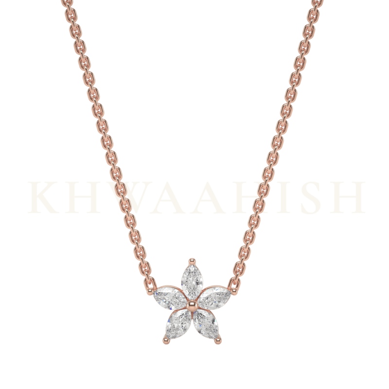 Front view of Flower Power Single Line Diamond Necklace in rose gold.