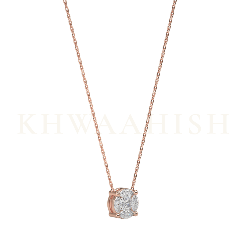 Slanting view of Classic Style Single Line Diamond Necklace in rose gold.