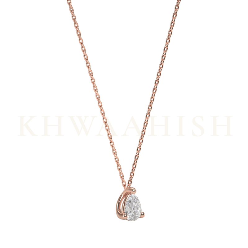 Slanting view of 0.25 ct Pear Pleasure Solitaire Diamond Necklace in rose gold.