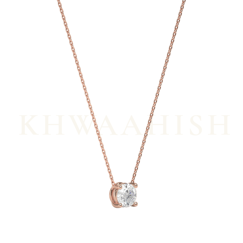 Slanting view of 0.25 ct Heavenly Orb Solitaire Diamond Necklace in rose gold.