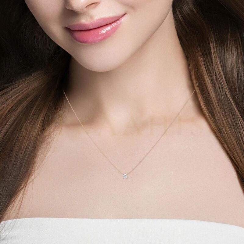 Close-up view of a model wearing 0.25 ct Heavenly Orb Solitaire Diamond Necklace in rose gold.