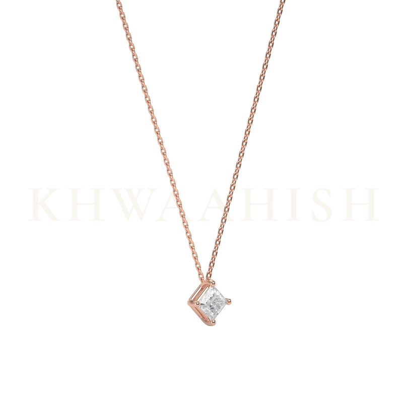 Slanting view of 0.25 ct Luring Square Solitaire Diamond Necklace in rose gold.