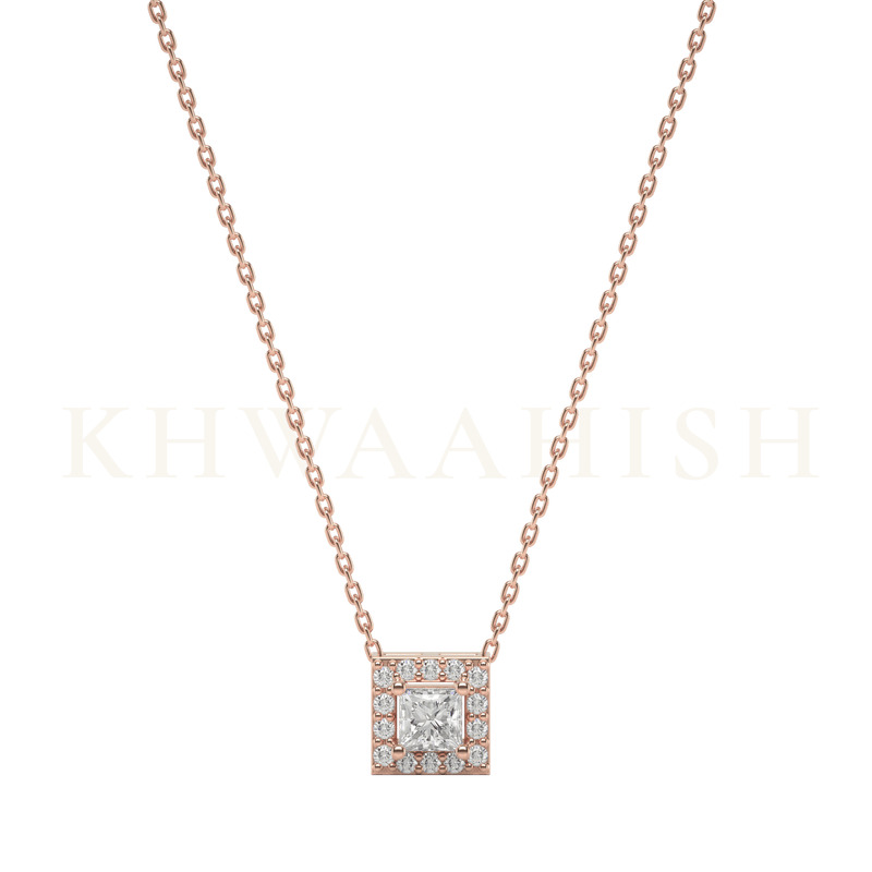 Front view of 0.15 ct Isha Solitaire Diamond Necklace in rose gold.