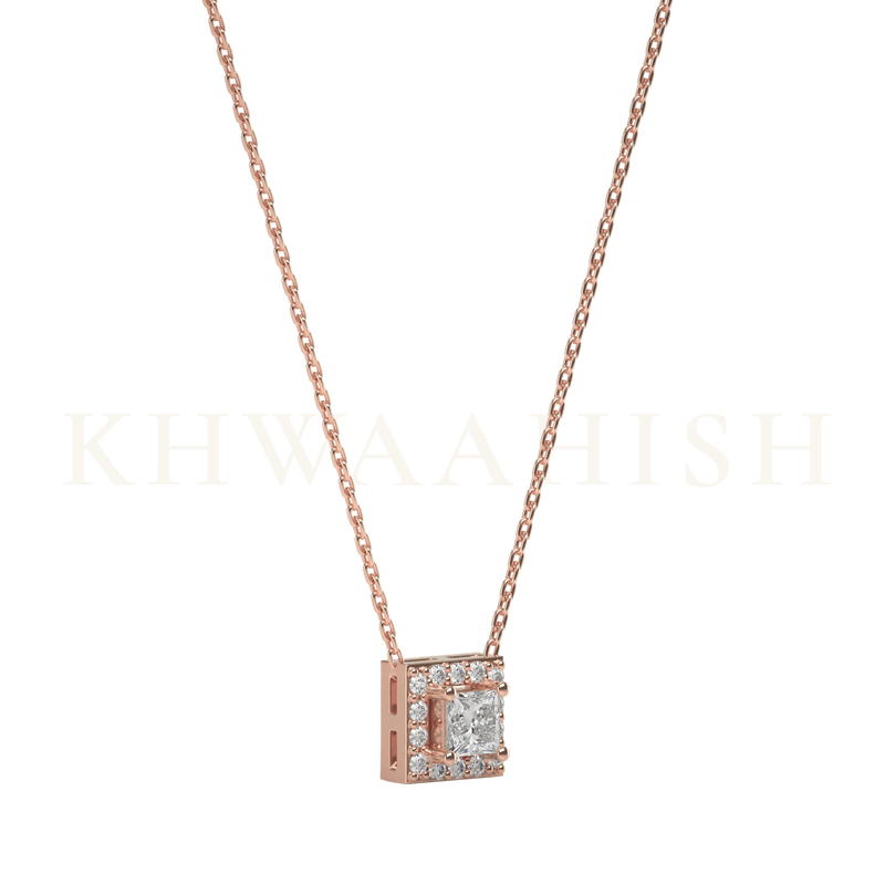 Slanting view of 0.15 ct Isha Solitaire Diamond Necklace in rose gold.