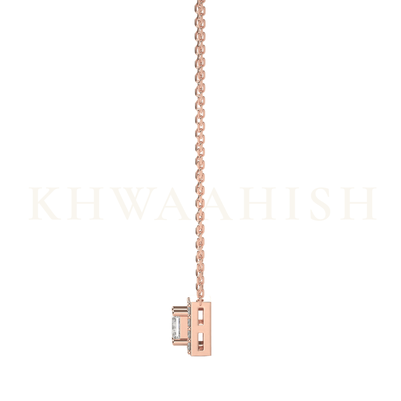 Side view of 0.15 ct Isha Solitaire Diamond Necklace in rose gold.