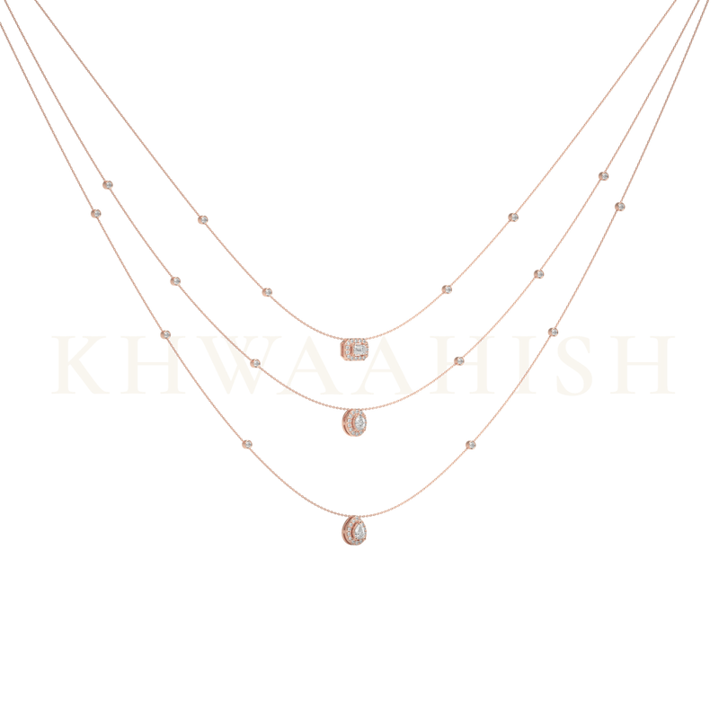 Slanting view of Sparkling Charms Layered Diamond Necklace in rose gold.