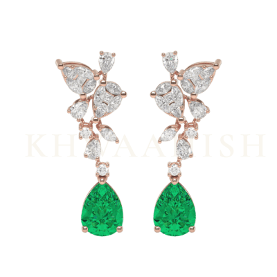Front view of Sparkling Dance Diamond & Emerald Drop Earrings in rose gold.