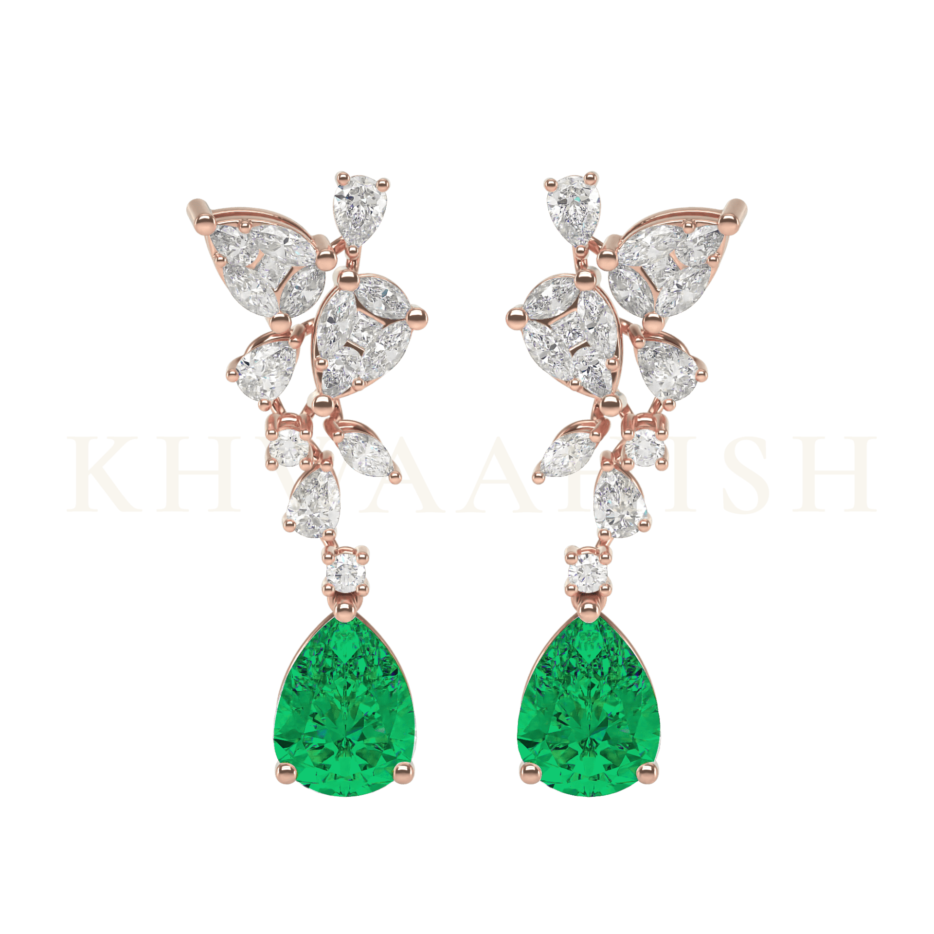 Front view of Sparkling Dance Diamond & Emerald Drop Earrings in rose gold.