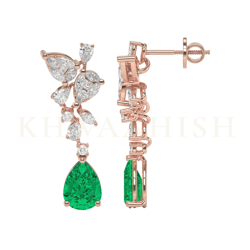 Side view of Sparkling Dance Diamond & Emerald Drop Earrings in rose gold.
