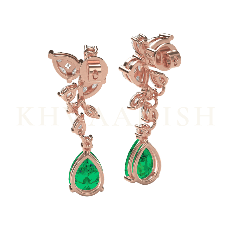 Backside view of Sparkling Dance Diamond & Emerald Drop Earrings in rose gold.