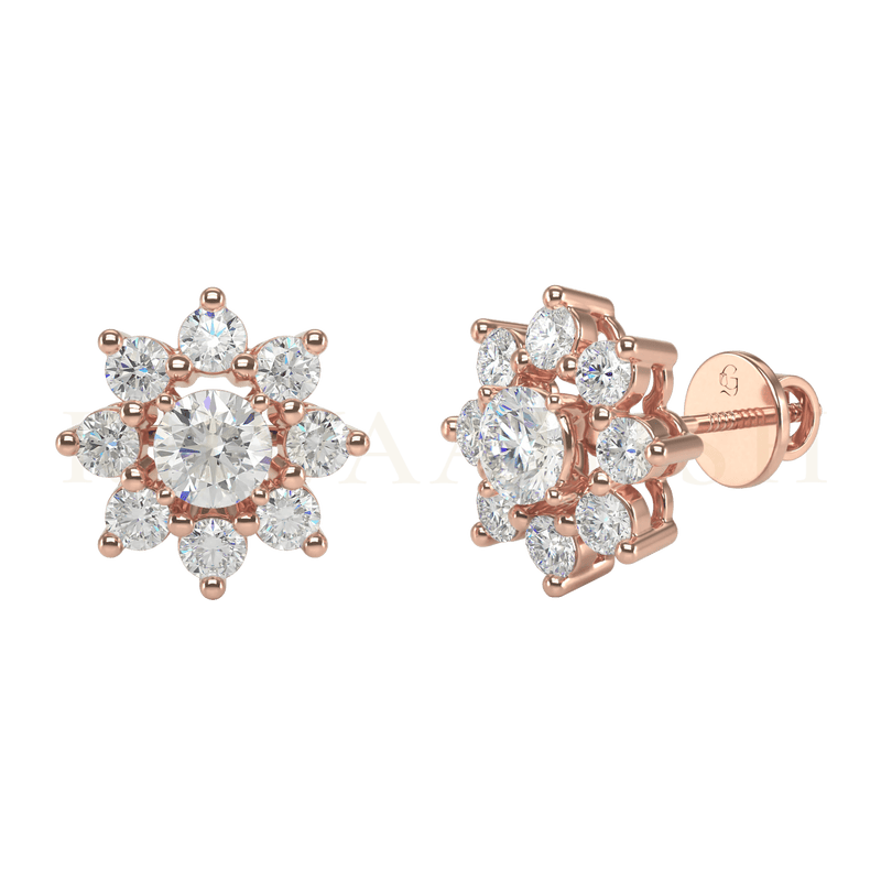 Slanting view of 0.30 ct Amaranth Bloom Diamond Stud Earrings in rose gold.