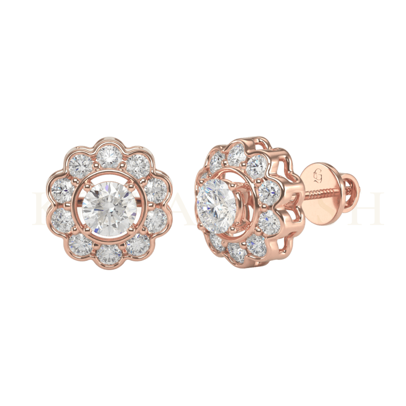 Slanting view of 0.30 ct Floral Fortune Diamond Stud Earrings in rose gold.