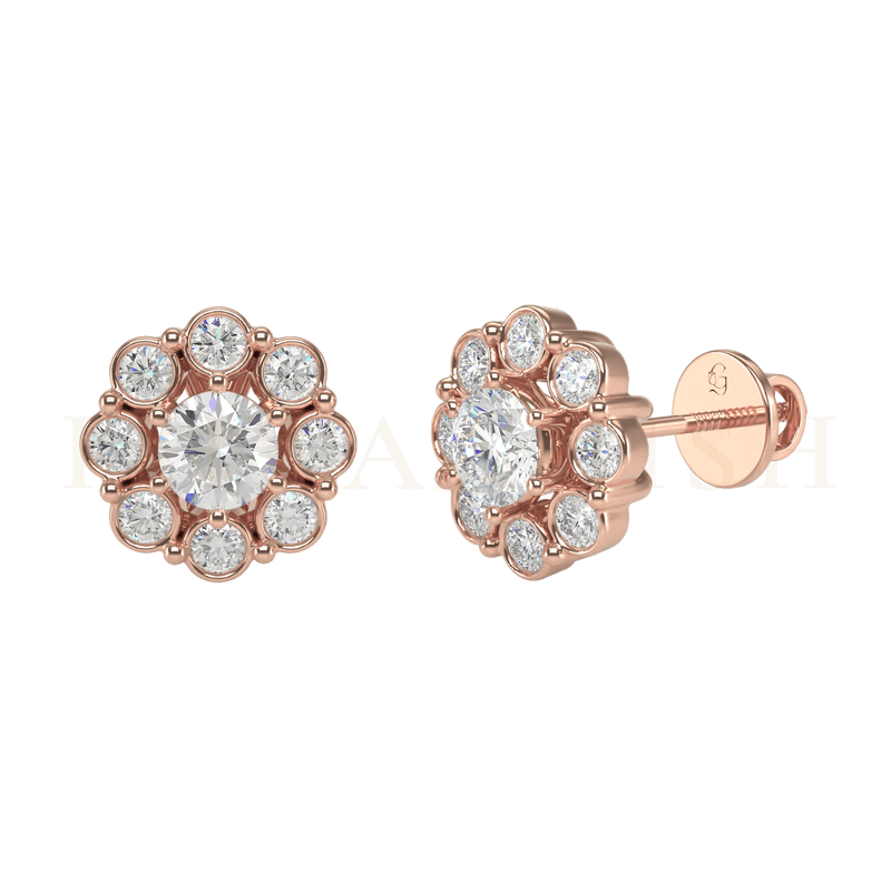 Slanting view of 0.30 ct Heavenly Orbs Diamond Stud Earrings in rose gold.