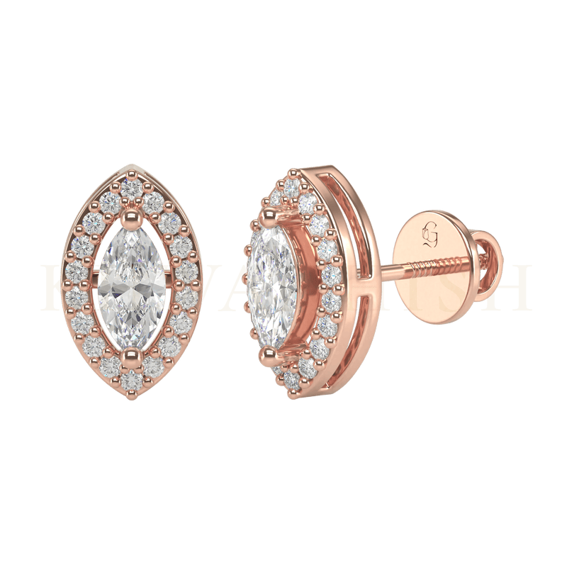 Slanting view of 0.25 ct Radiant Marquise Diamond Stud Earrings in rose gold.
