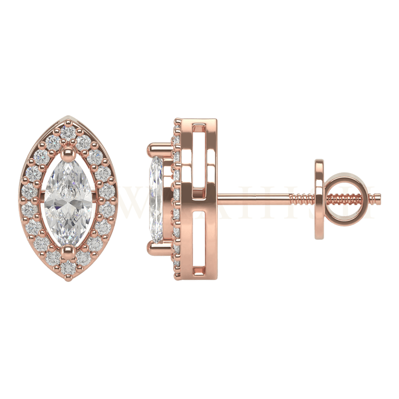 Side view of 0.25 ct Radiant Marquise Diamond Stud Earrings in rose gold.