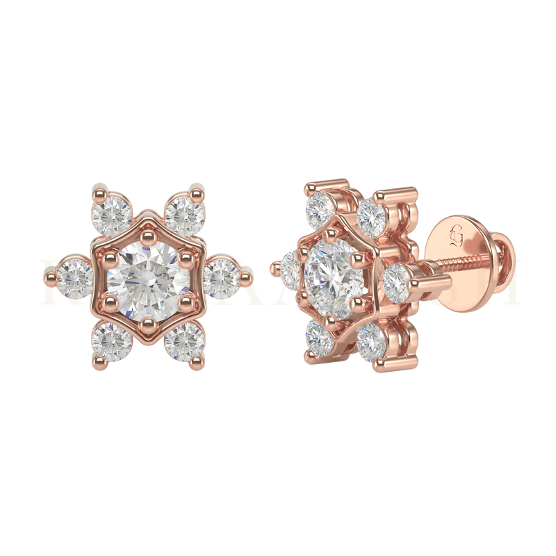 Slanting view of 0.25 ct Flashing Starlets Diamond Stud Earrings in rose gold.