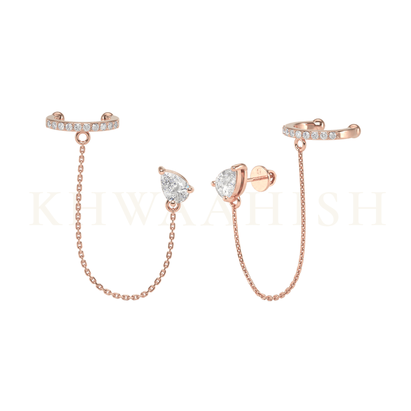 Slanting view of Simplistic Charm Diamond Chain Earrings in rose gold.