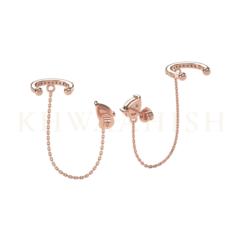 Backside view of Simplistic Charm Diamond Chain Earrings in rose gold.