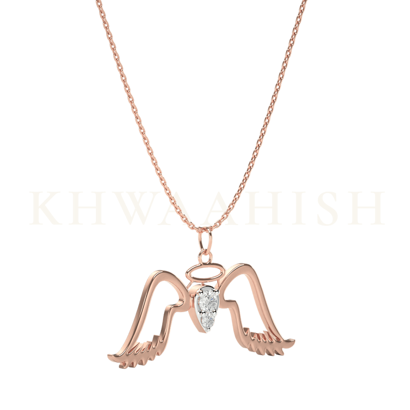Front slanting view of Angel's Wings Diamond Kids Pendant in rose gold with chain.