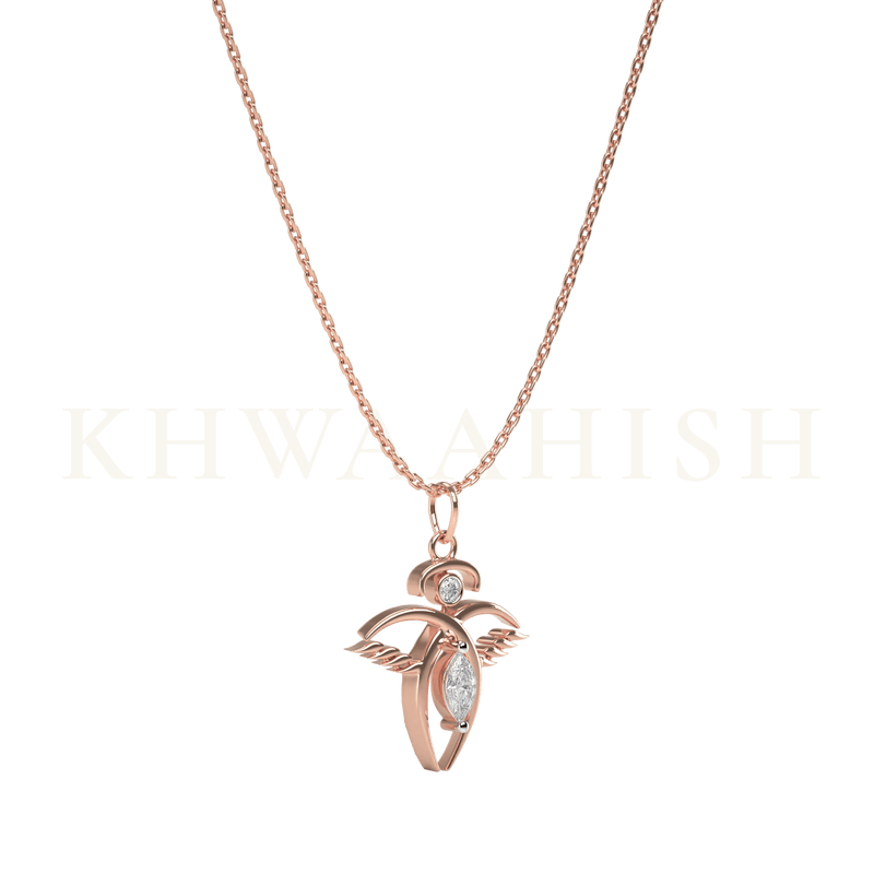 Front slanting view of the Cherubic Angel Diamond Kids Pendant in rose gold with chain.