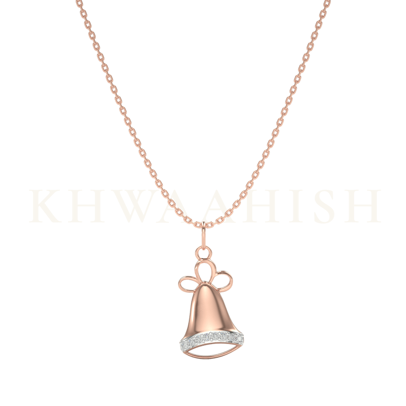 Front side view of the Jingle Bells Diamond Kids Pendant chain in rose gold .