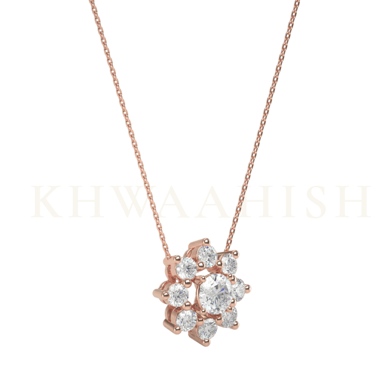 Slanting view of 0.30 ct Effulgent Lure Solitaire Diamond Necklace in rose gold.