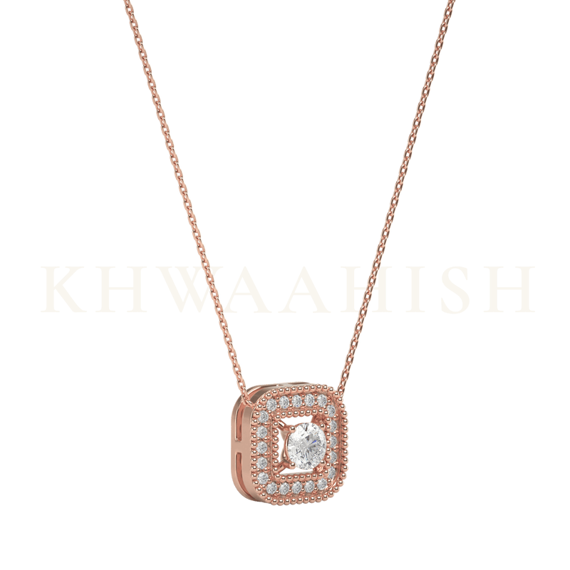 Slanting view of 0.15 ct Quadralite Solitaire Diamond Necklace in rose gold.
