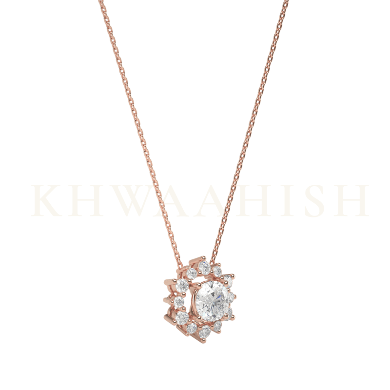 Slanting view of 0.30 ct Empress Solitaire Diamond Necklace in rose gold.