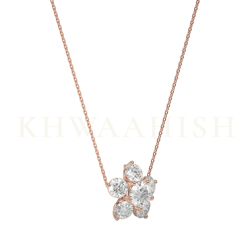 Slanting view of 0.25 ct Ethereal Floret Solitaire Diamond Necklace in rose gold.