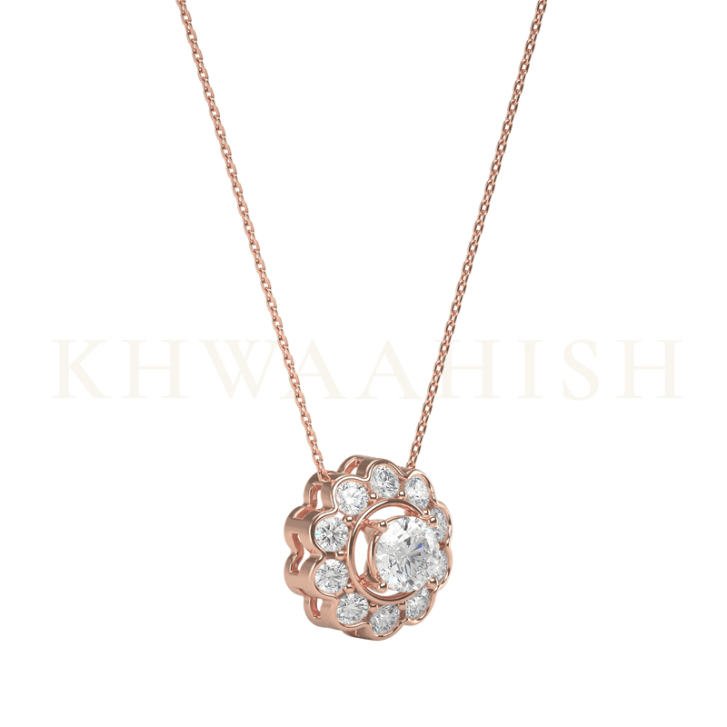 Slanting view of 0.30 ct Floral Fortune Single Line Diamond Necklace in rose gold.