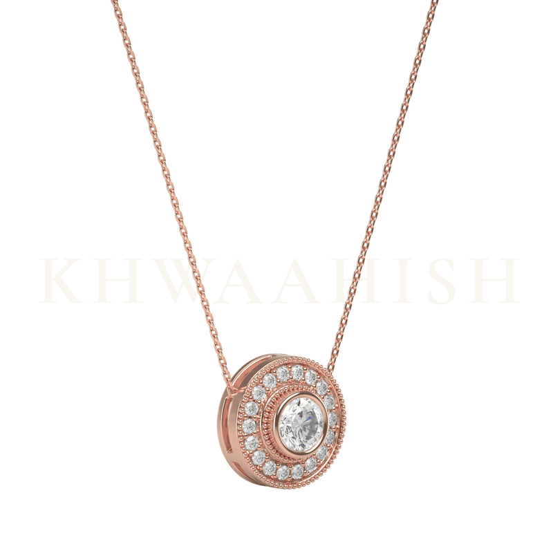 Slanting view of 0.30 ct Concentric Incandescence Solitaire Diamond Necklace in rose gold.