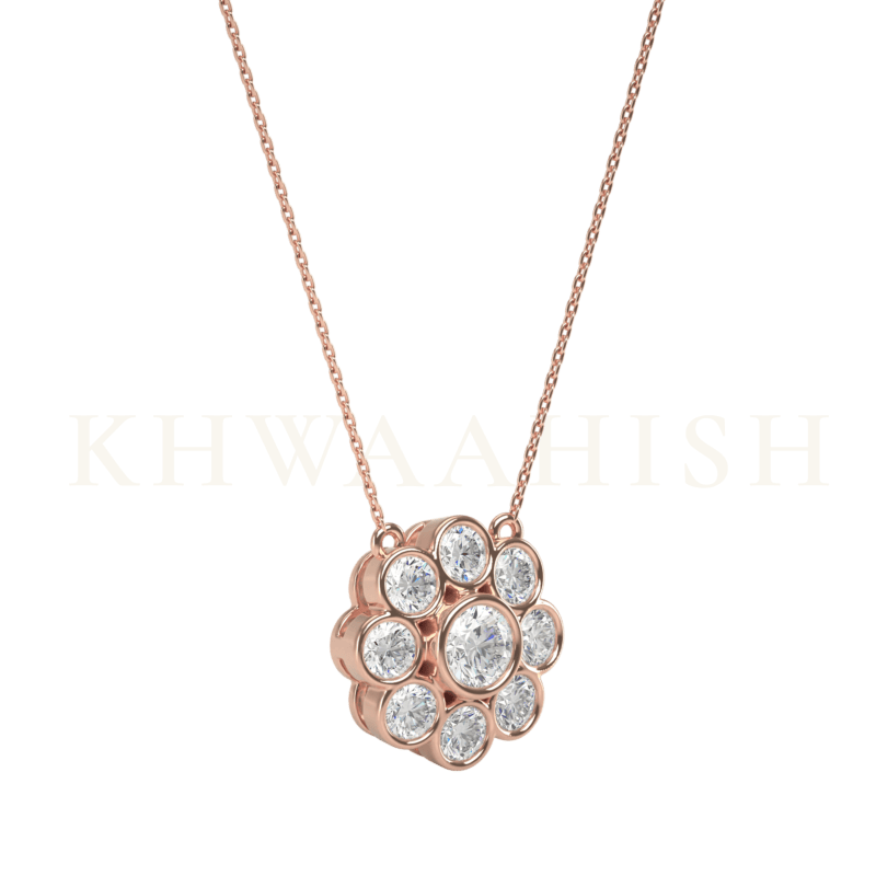 Slanting view of 0.25 ct Ellina Solitaire Diamond Necklace in rose gold.